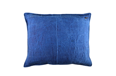 Hand woven decorative pillow with antique Bulgarian cotton and Hungarian indigo hemp.