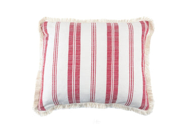 handwoven antique Hungarian hemp pillow with red stripes and fringe detailing