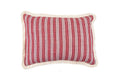 Handwoven antique Hungarian hemp pillow with red and white stripes, showcasing intricate patterns and textures.