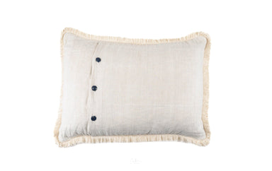 Handwoven antique Hungarian hemp pillow with buttons and fringe detailing.