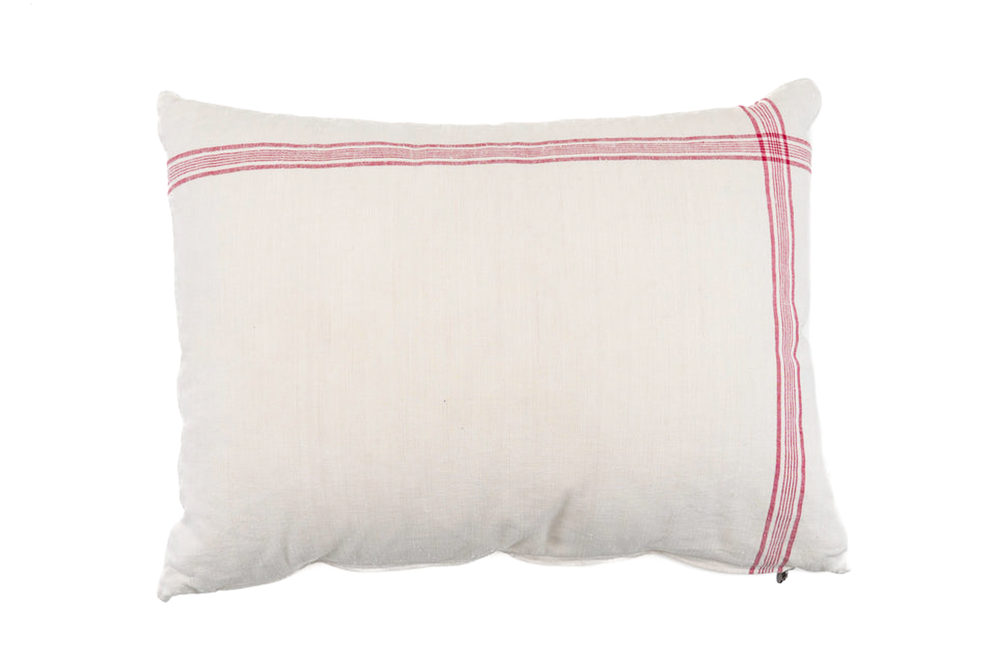 Handwoven antique Hungarian hemp pillow with natural tones and red stripes.