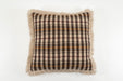 Handwoven antique Bulgarian woolen pillow with fringe, plaid pattern, custom recycled down insert.