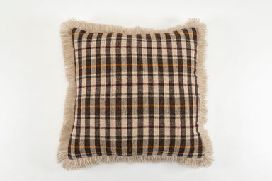 Handwoven antique Bulgarian woolen pillow with fringe, plaid pattern, custom recycled down insert.