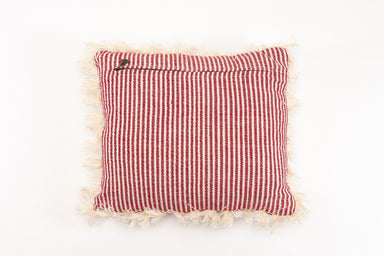 Handwoven antique Bulgarian cotton pillow with red stripes and cotton fringe.