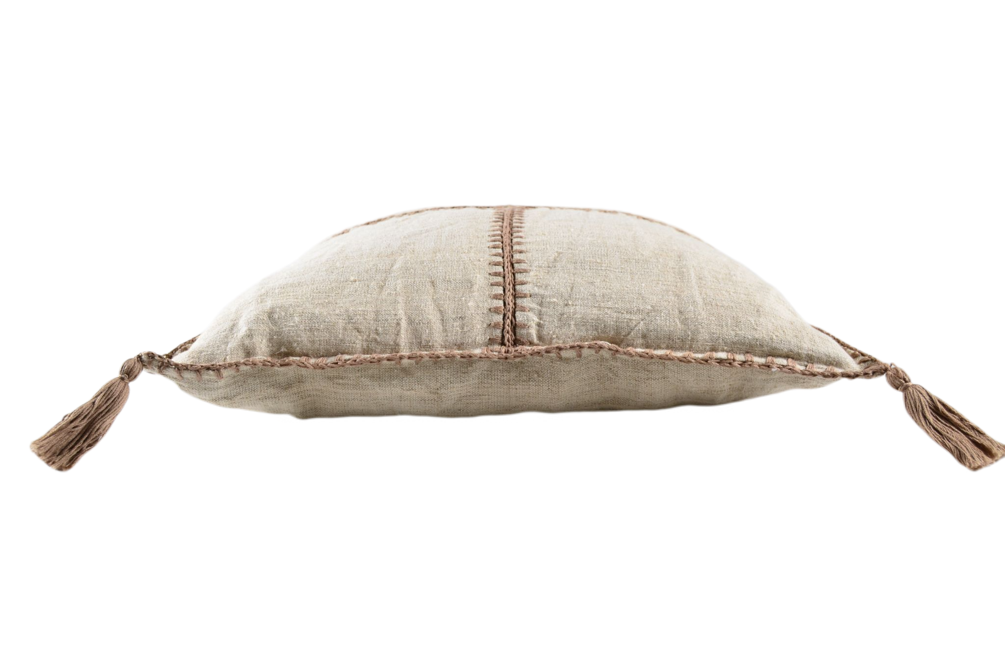 Antique Hungarian hemp handwoven pillow with taupe stitching and tassels.