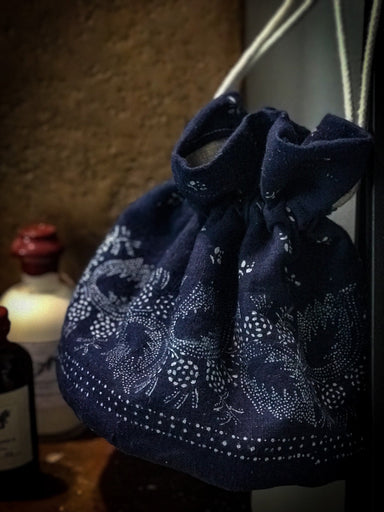 Handwoven antique Hungarian wax resist indigo hemp bag.