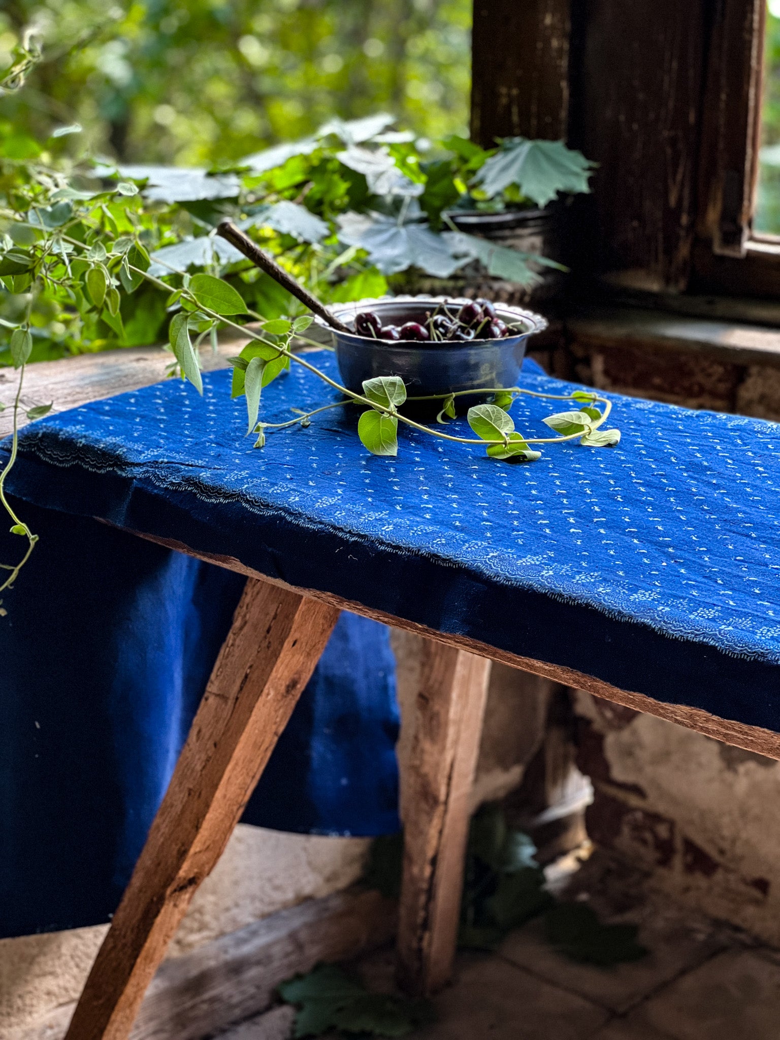 Table runner: Antique handwoven Hungarian hemp indigo over dye - TW92