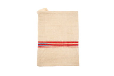 Handwoven antique and vintage hemp bread bag with red and white stripes.