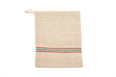 Handwoven antique and vintage hemp bread bag with colorful stripe design.