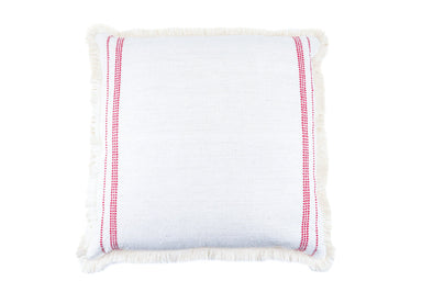 Handwoven antique Hungarian hemp pillow with traditional pattern and cotton fringe.