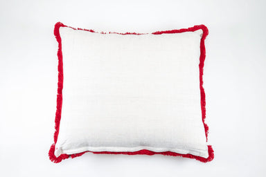 Handwoven antique Hungarian hemp pillow with red fringe and metal zipper.