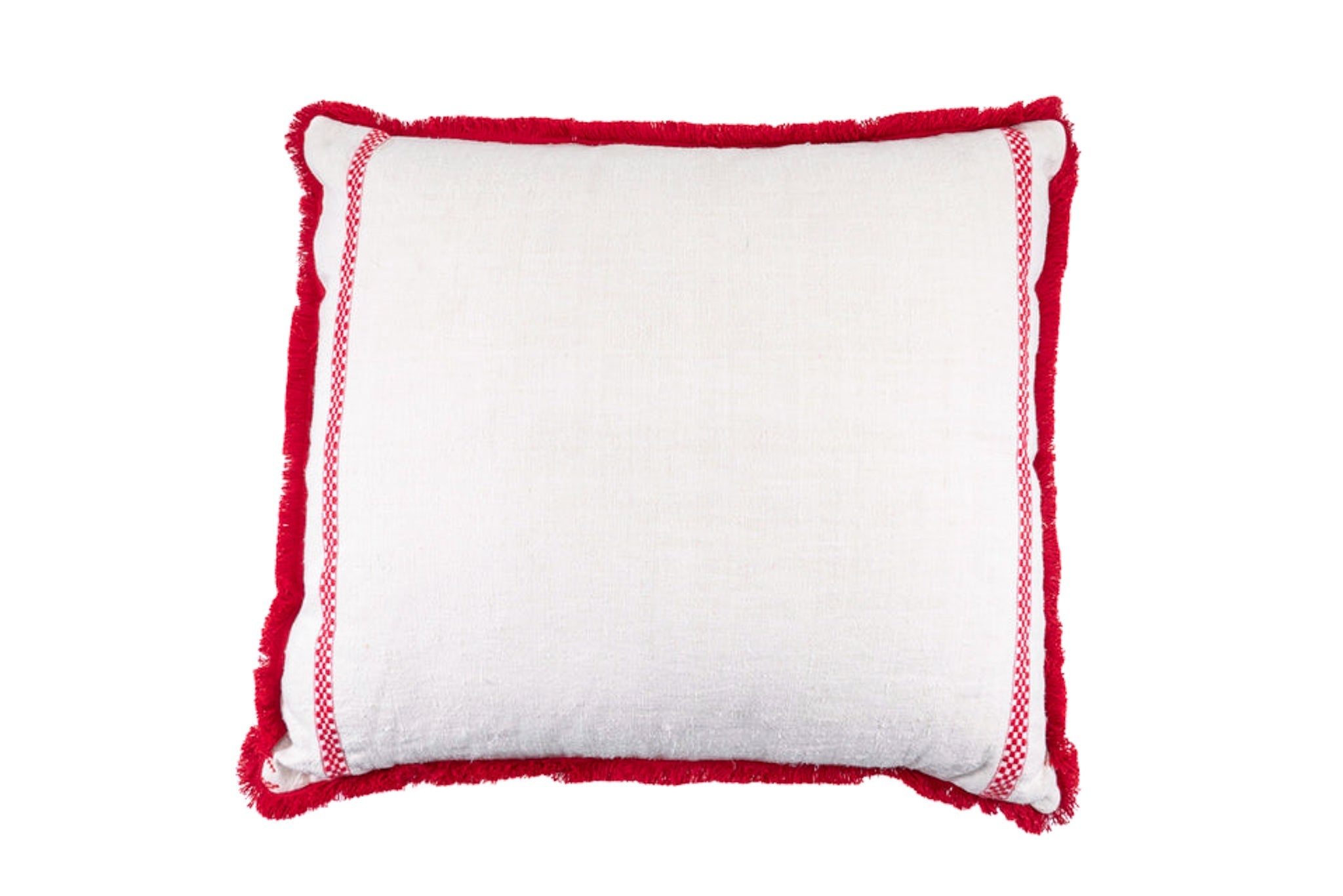 Handwoven antique Hungarian hemp pillow with red fringe and pattern.