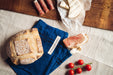 Handwoven antique hemp bread bags by Tolnai Kekfesto with bread and charcuterie.