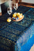 Antique handwoven Hungarian hemp table cloth with indigo wax resist dye and yellow border pattern.