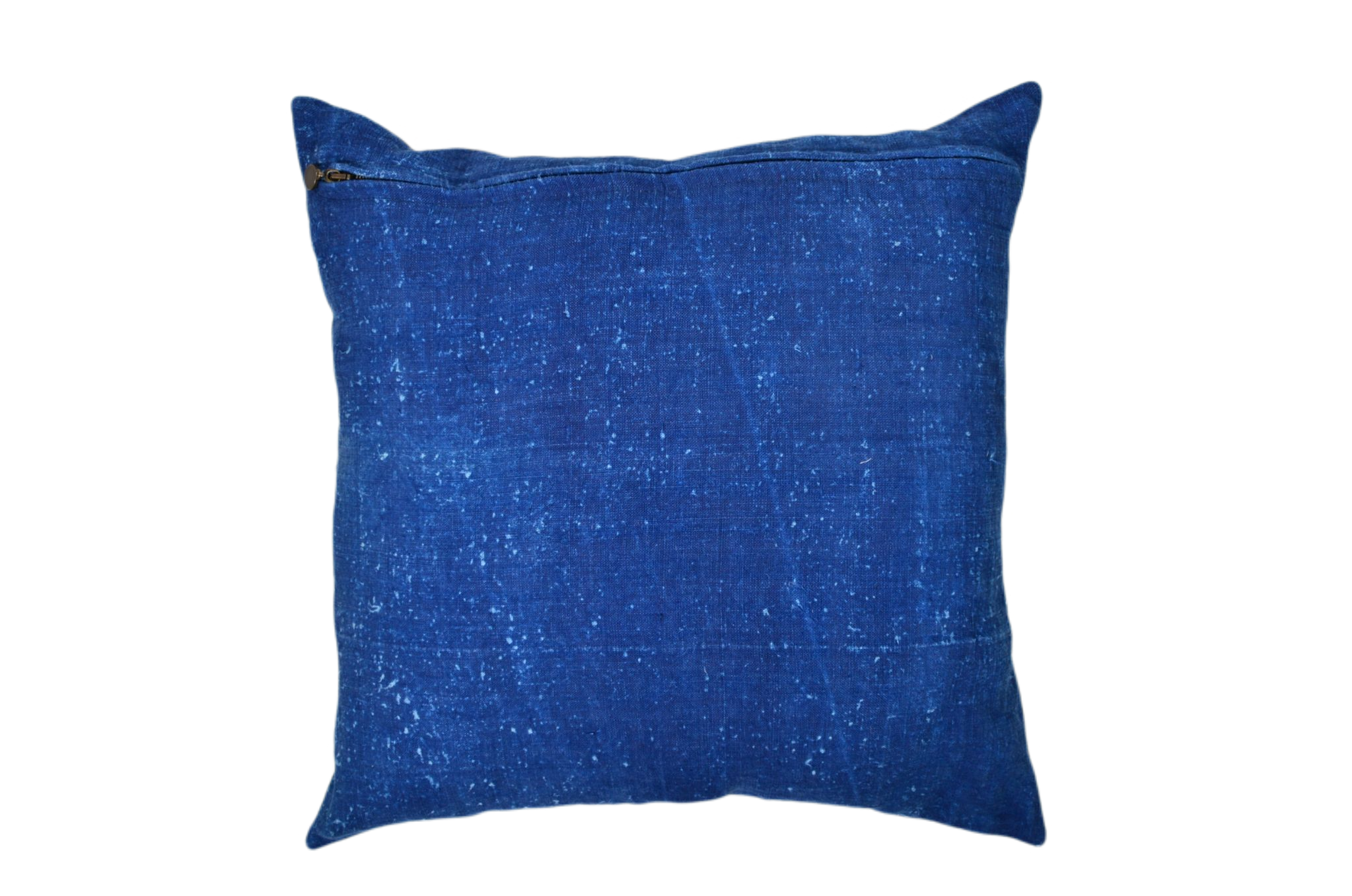 Antique handwoven decorative pillow with appliqué design and blue fabric.