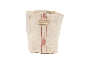 Handwoven antique Hungarian hemp carry bag with red stripe and built-in handles.