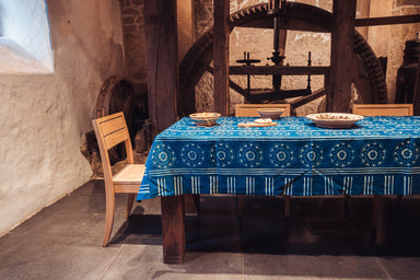 Antique handwoven Hungarian hemp table cloth with indigo wax resist design.