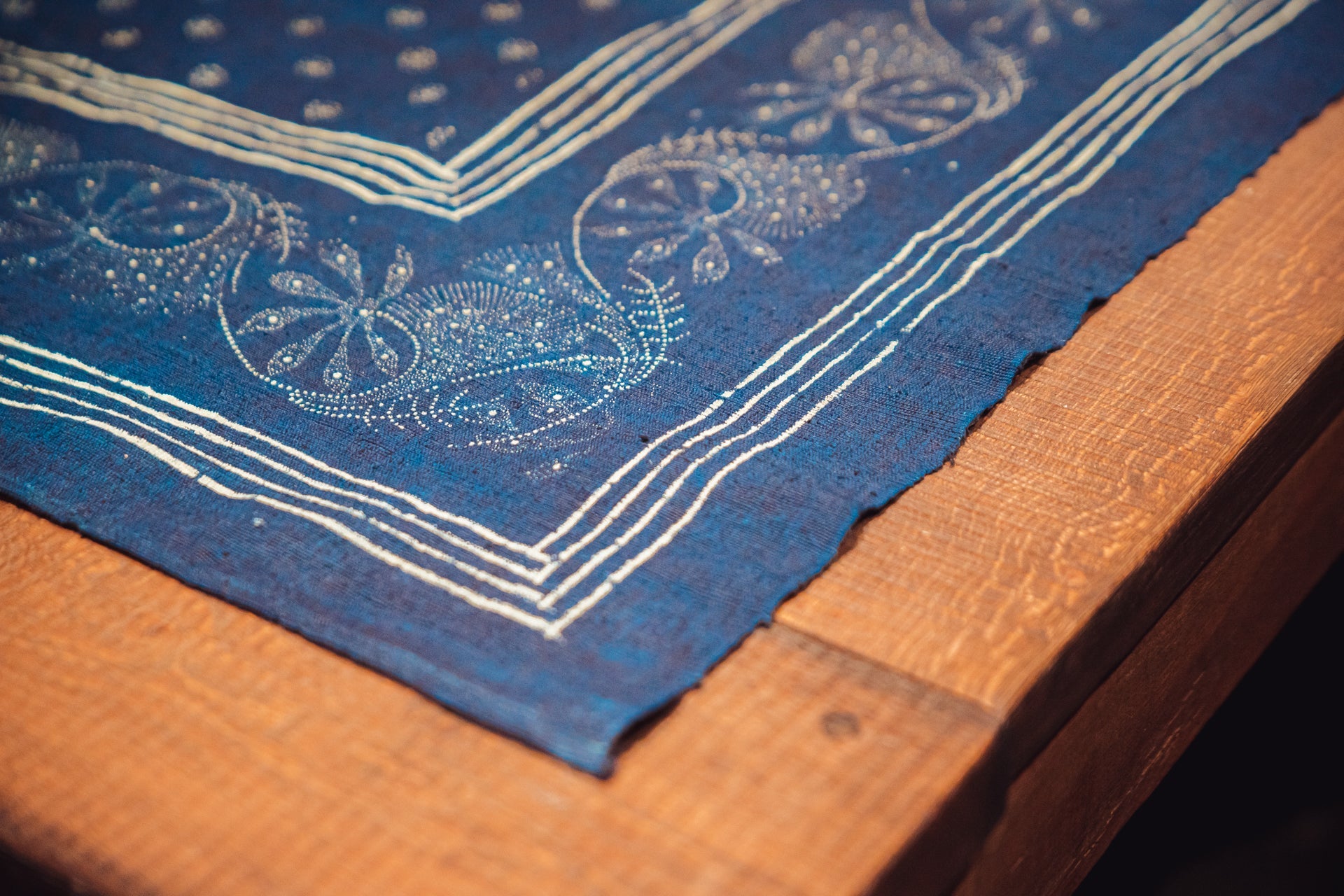 Antique handwoven Hungarian hemp table cloth with indigo wax resist design.