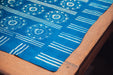 Antique handwoven Hungarian hemp table cloth with indigo wax resist pattern, heritage design.