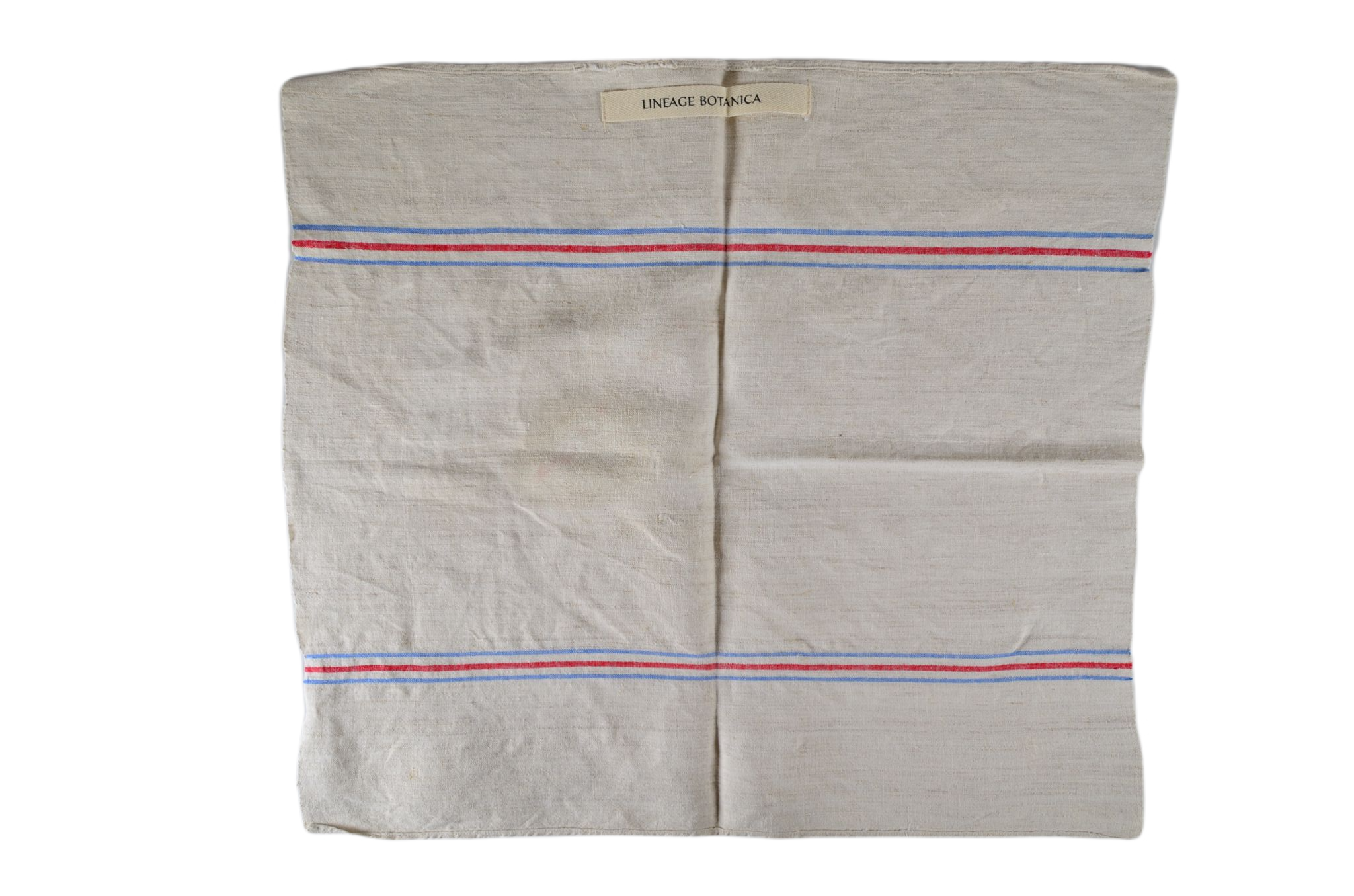 Handwoven antique Hungarian hemp towel with blue and red stripes.