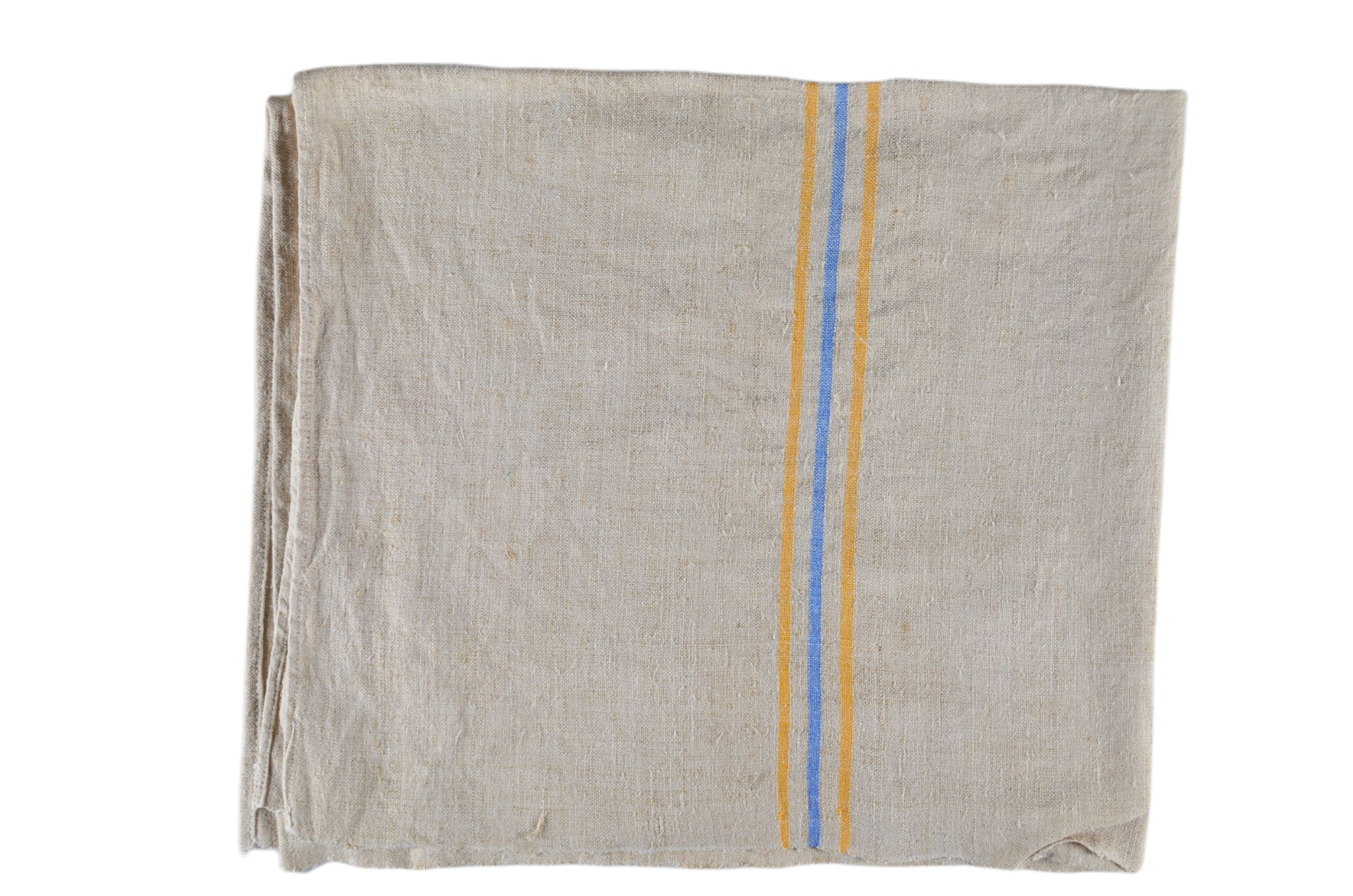 Handwoven antique Hungarian hemp towel with blue and yellow stripes.