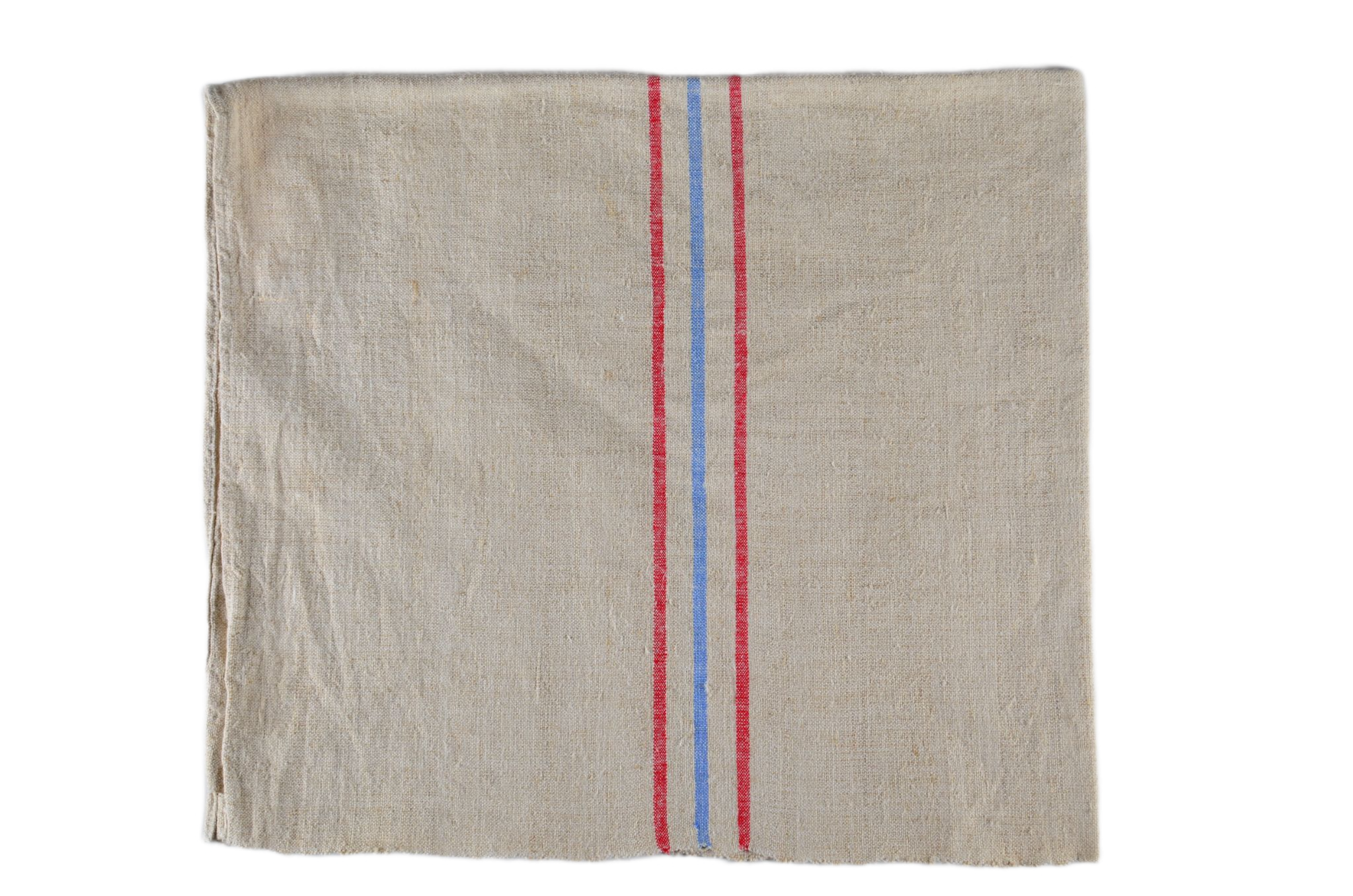 Handwoven antique Hungarian hemp towel with red and blue stripes.