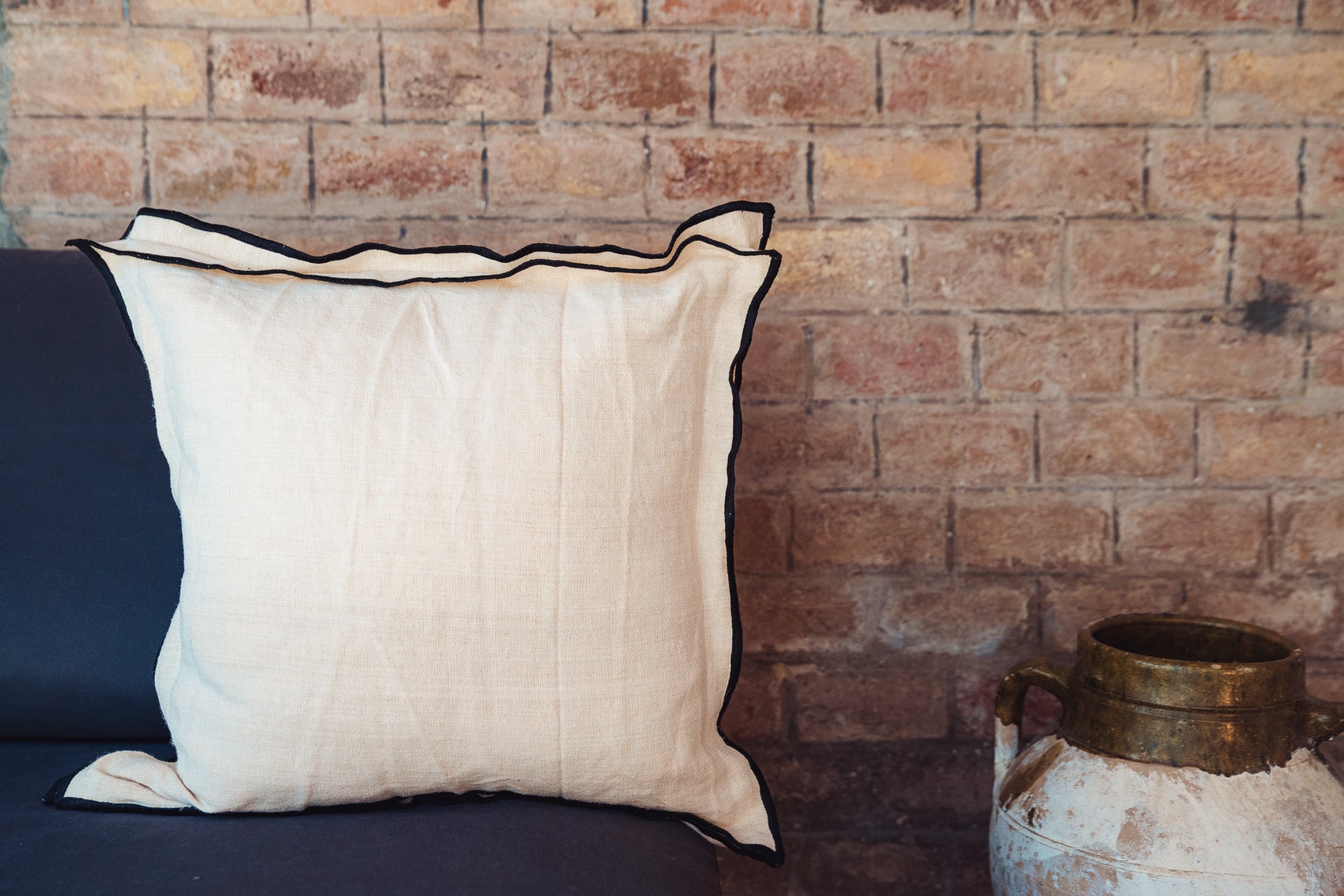 Pillow: Antique handwoven decorative pillow with black trim - P467