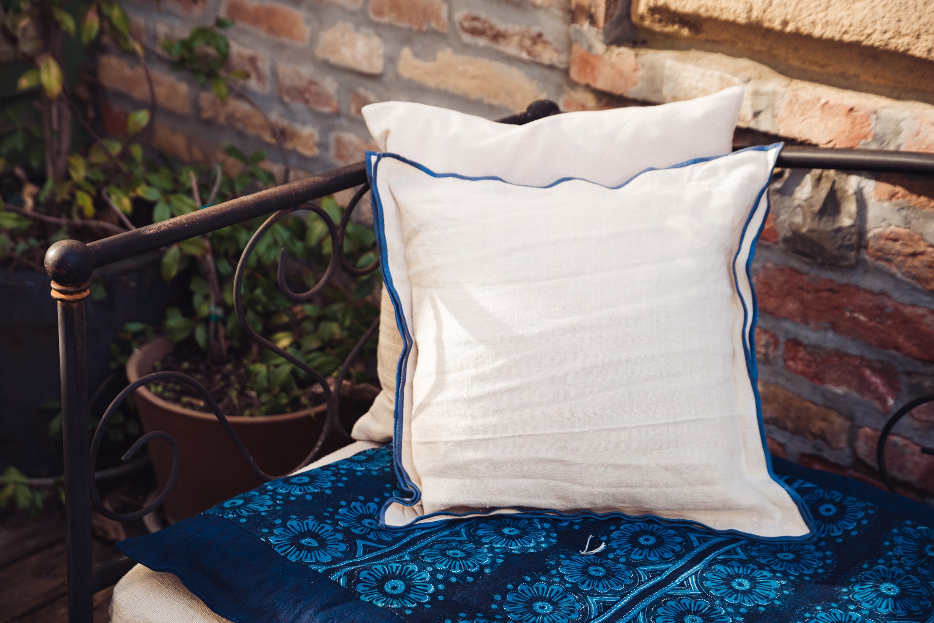 Pillow: Antique handwoven decorative pillow with indigo trim - P465
