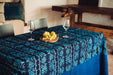 Antique handwoven Hungarian hemp table cloth with wax resist indigo dye and two-tone pattern.