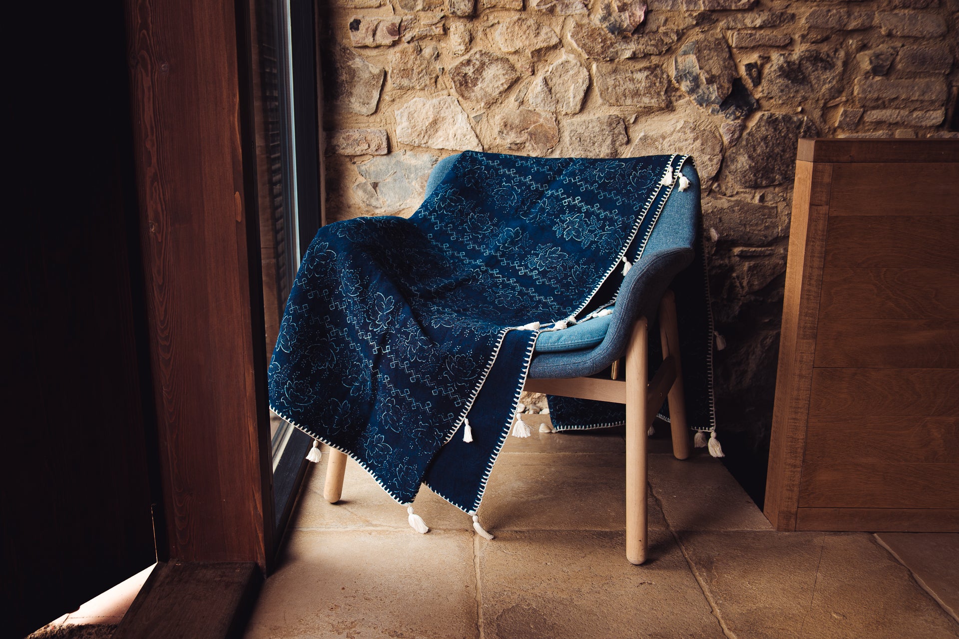 Throw: Indigo - Hand stitching on organic antique handwoven hemp with indigo pattern - TH103