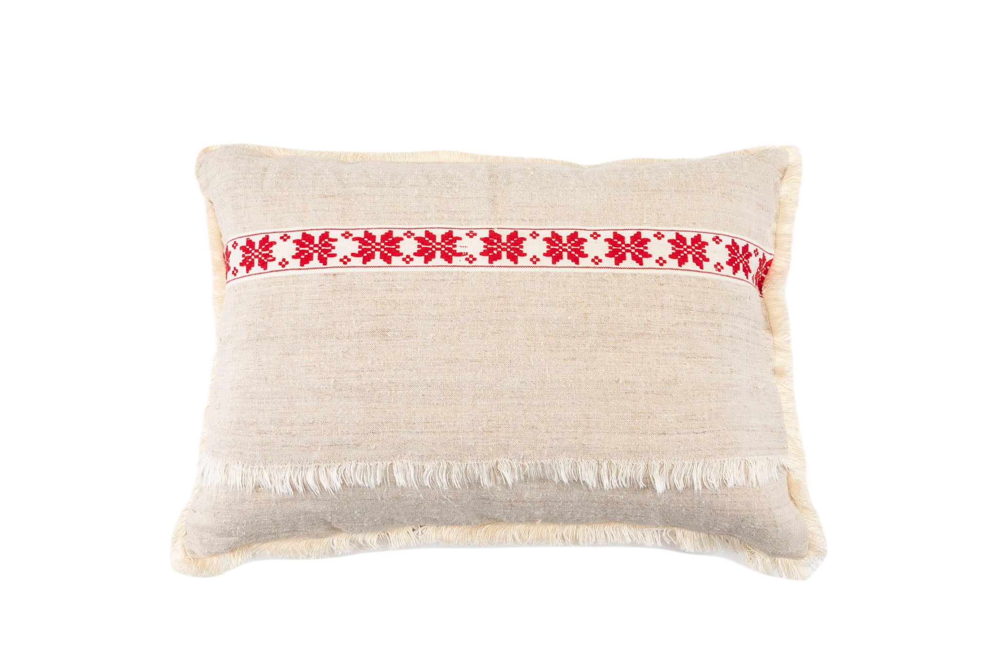 Embroidered antique handwoven Hungarian hemp pillow with red patterns.