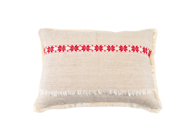 Embroidered antique handwoven Hungarian hemp pillow with red patterns.