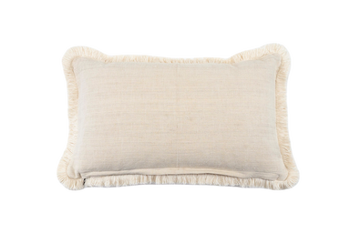 Embroidered antique handwoven Hungarian hemp pillow with fringe detail.