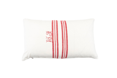 Embroidered handwoven antique Hungarian hemp pillow with red stripes.