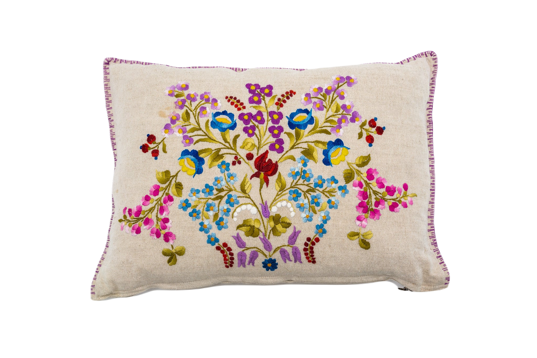 Embroidered handwoven antique Hungarian hemp pillow with colorful floral design.