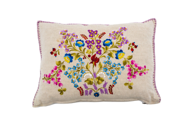 Embroidered handwoven antique Hungarian hemp pillow with colorful floral design.