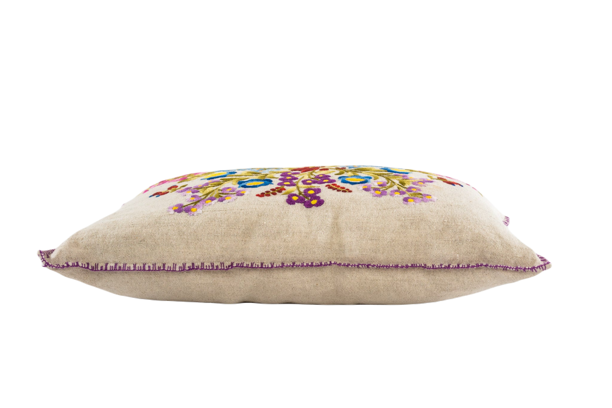 Embroidered handwoven antique Hungarian hemp pillow with colorful floral design.