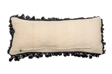 Embroidered handwoven antique Hungarian hemp pillow with fringe.