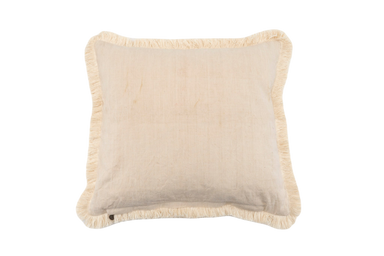 Handwoven antique Hungarian hemp pillow with cotton fringe and metal zipper.