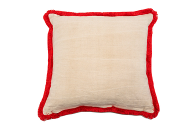 Handwoven antique Hungarian hemp pillow with red cotton fringe.