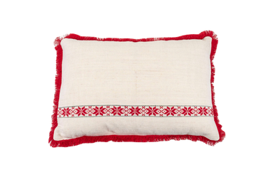 Embroidered antique handwoven Hungarian hemp pillow with red cotton fringe and metal zipper.