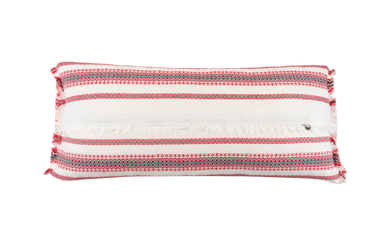 Handwoven antique Hungarian hemp pillow with red and white striped pattern.