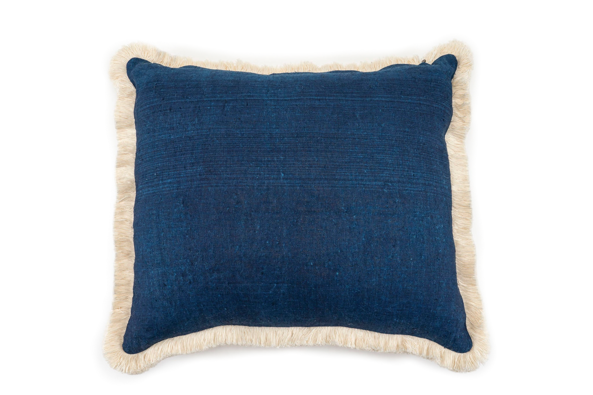 Embroidered antique handwoven Hungarian hemp pillow with indigo back and cotton fringe.