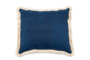 Embroidered antique handwoven Hungarian hemp pillow with indigo back and cotton fringe.