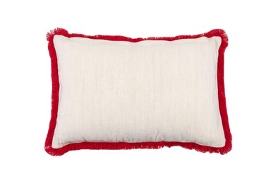 Embroidered antique handwoven Hungarian hemp pillow with red fringe.