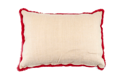 Antique handwoven decorative pillow with red trim, made from Hungarian hemp.