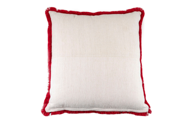 Handwoven antique Hungarian hemp pillow with red fringe and metal zipper.