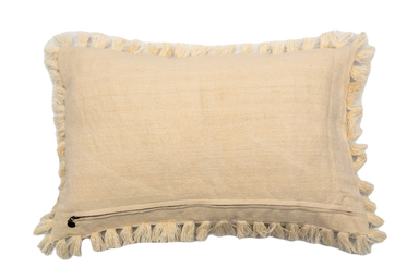 Antique handwoven decorative pillow with cotton fringe and hemp back.