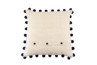 Handwoven antique Hungarian hemp pillow with indigo wax resist pattern and coconut shell buttons.