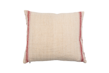 Antique handwoven decorative pillow with red stripes, sustainable artisan design.